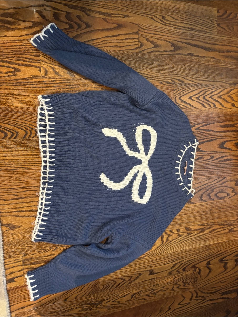 Women's Navy Crewneck Sweater with Cream Bow Accent